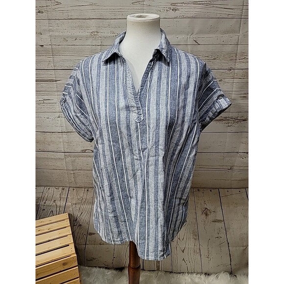 Sigrid Olsen Women's Blue Stripes Linen Blend Short Sleeve Collared Top Sz Small - Picture 1 of 7